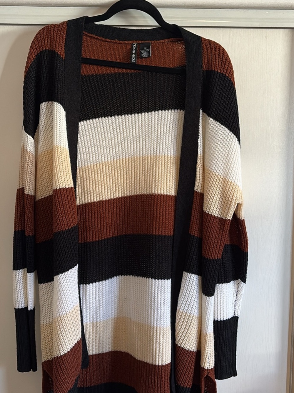Open-Front Striped Cardigan Sweater - Black, Brown, Cream